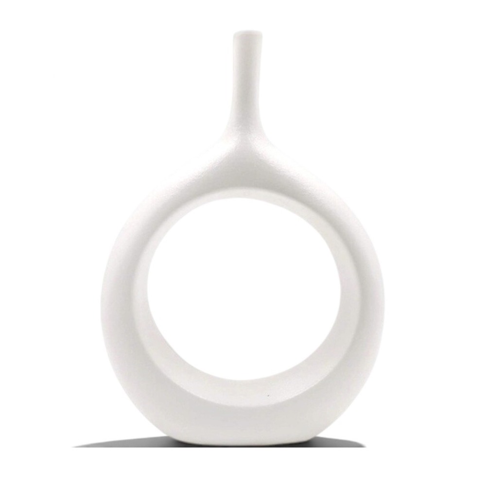 White Ceramic 10 inch Modern Donut Vase Minimalist Geometric Circle Decor